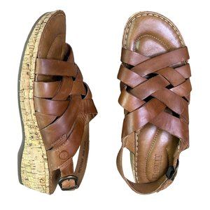 Born Laila Brown Cork Wedge Sandals Shoes Leather Size 40 / 9